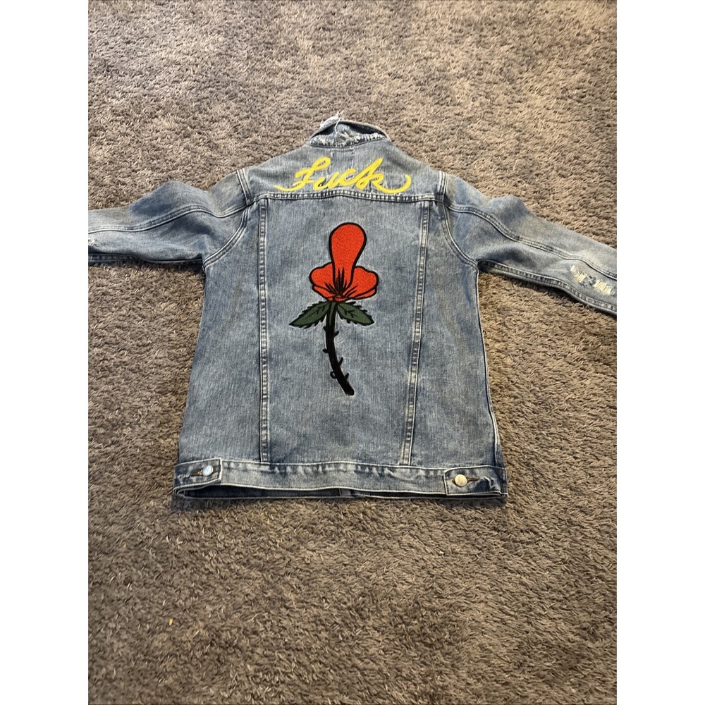 UNIF Outsider Denim Jacket Distressed Rose F*ck Embroidered Size S Small - Picture 10 of 12